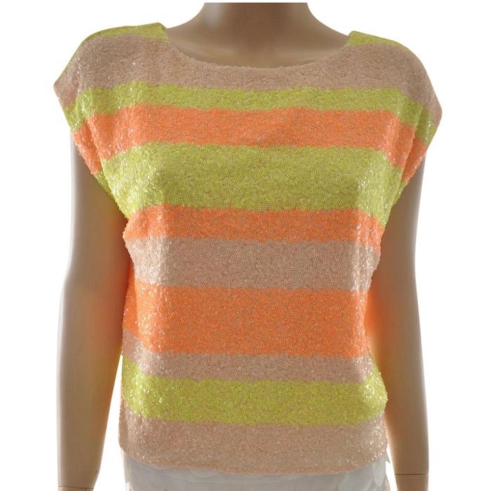 ARYN K SEQUIN TOP SHIRT STRIPED NEON ORANGE YELLOW